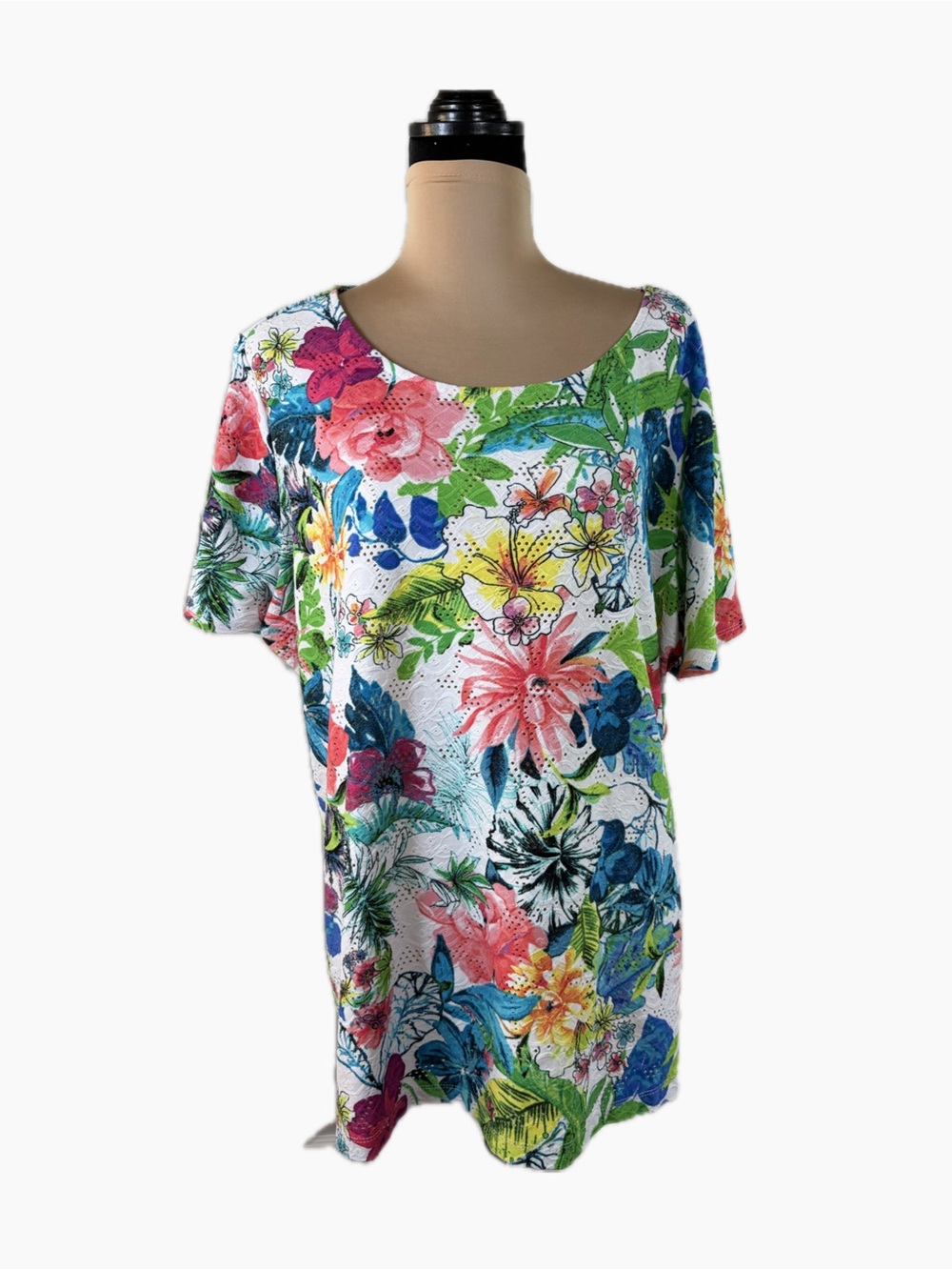 Susan Graver White Floral Scoop Neck Short Sleeve Tunic